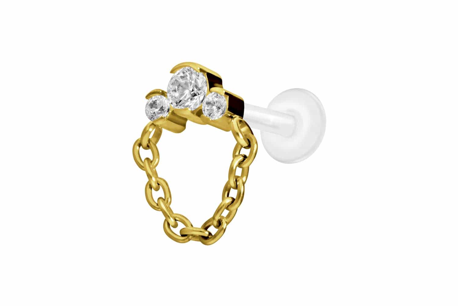 PTFE Labret Piercing mit Innengewinde + Titan-Aufsatz 3 EINGEFASSTE KRISTALLE + KETTE